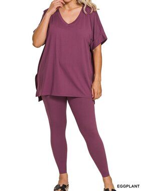 Zenana brushed dty microfiber 2-piece loungewear set 1X-2X-3X